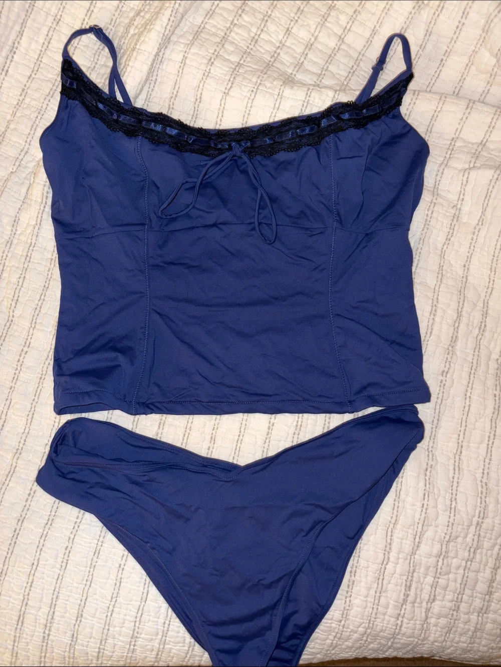 Frankie's Bikinis Blue One-Piece Tankini with Black Trim
